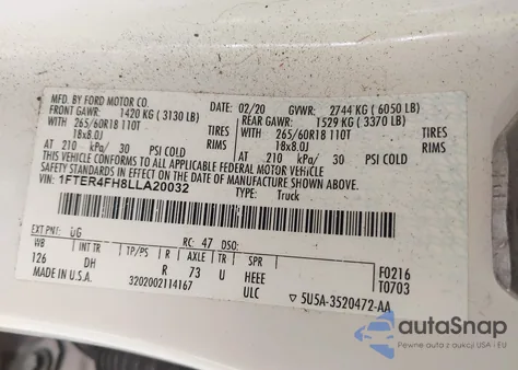 2020 Ford Ranger Lariat from USA, damaged, VIN 1FTER4FH8LLA20032